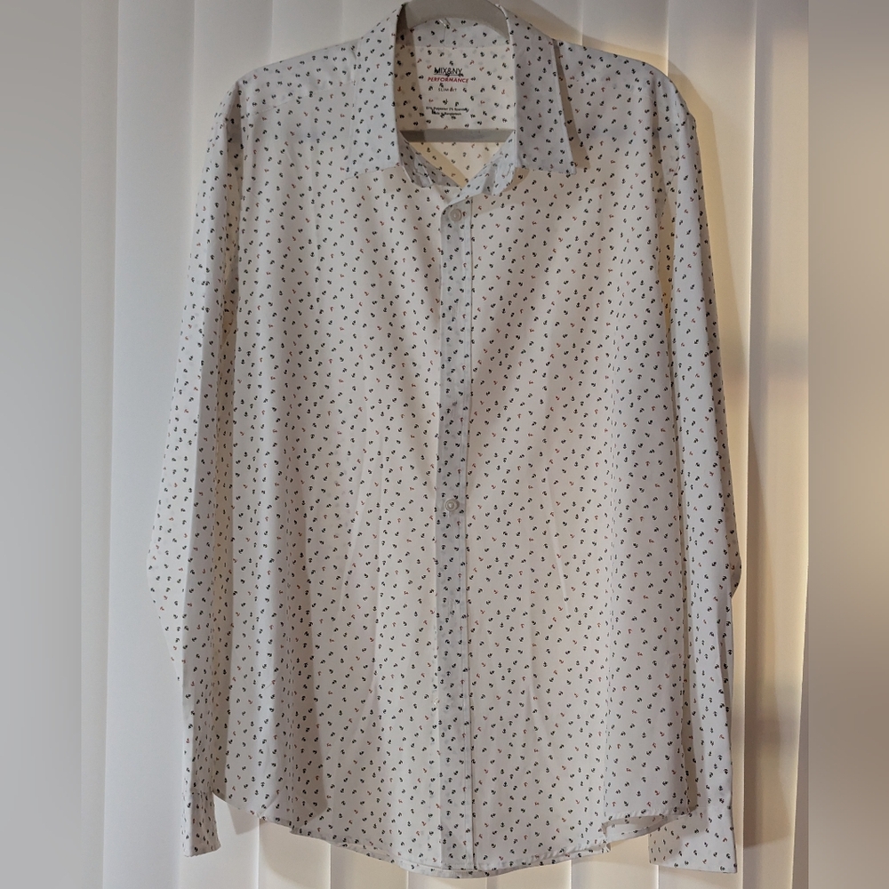 A299, Stylish White Patterned Men's Button-Down Shirt, Slim Fit